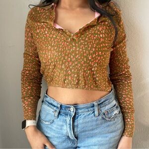 Free People Brown and Orange Long Sleeve Fitted V-Neck Polo Crop Top